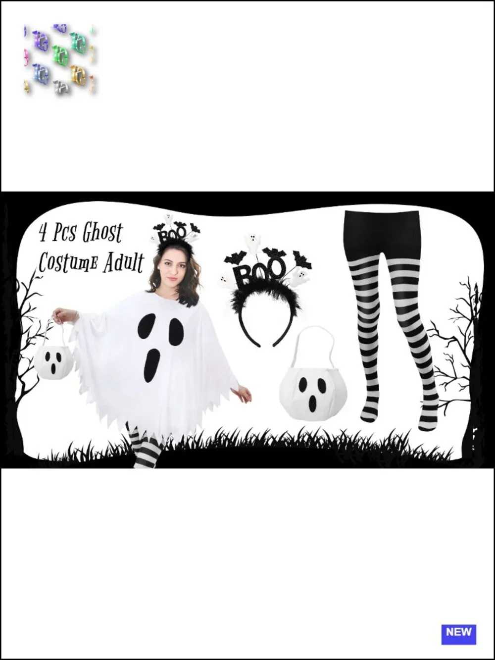 Ghost Halloween Costume Set for Women with Poncho Tights Headband Candy Bag